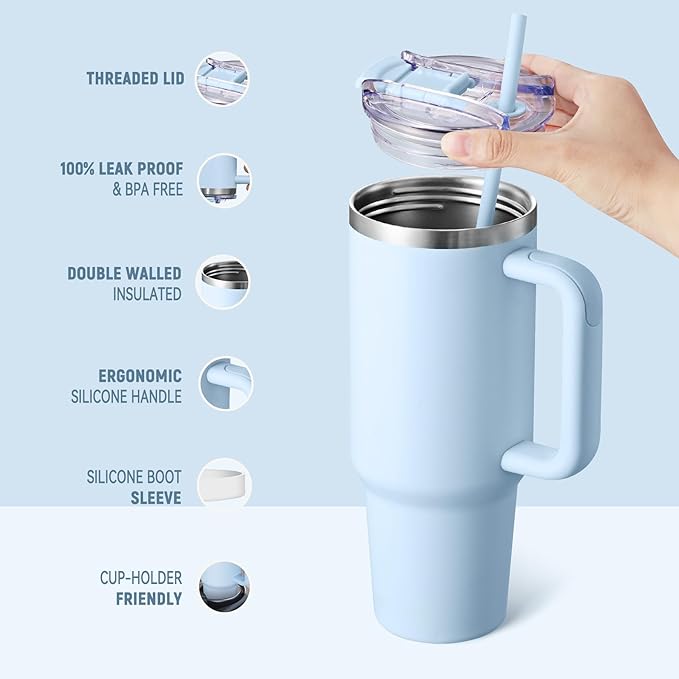COKTIK 40 oz Tumbler With Handle and Straw, Insulated Tumbler With Leakproof Lids, Stainless Steel|BPA-Free, Cold for 24 H (Silent Sky)