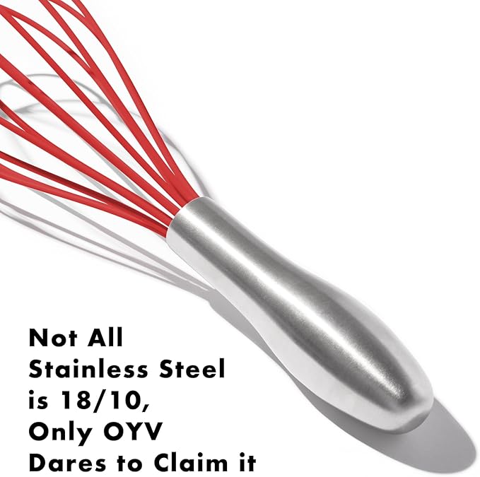 10-Inch Red Silicone Whisk, Heat Resistant 480°F Kitchen Whisk with Stainless Steel Ergonomic Handle, Non-Scratch for Nonstick Cookware, Dishwasher Safe, Perfect for Blending, Cooking & Beating