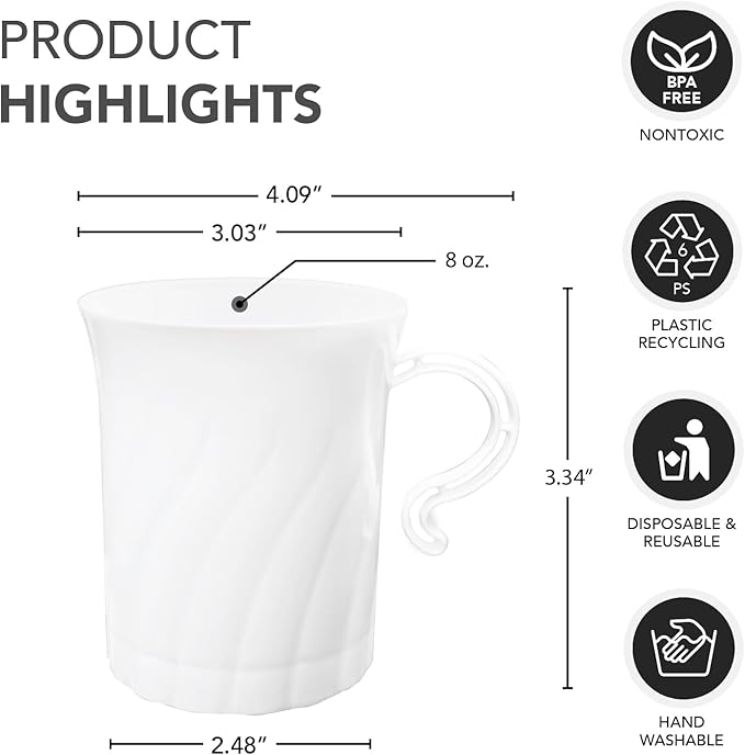 Party Essentials Disposable Plastic 8 oz. Swirled Cups With Handle for Coffee/Tea/Dessert/Fruit/Punch Drinks, White, 20 Count