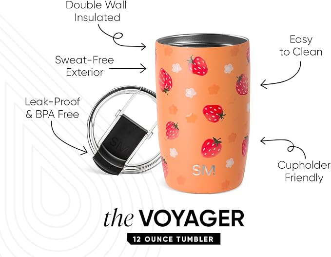 Simple Modern Voyager Tumbler with Flip Lid | Travel Coffee Mug | Insulated Stainless Steel Cold Brew Iced or Hot Coffee Cup | Gifts for Women Men Her Him | 12oz, Strawberry Fields