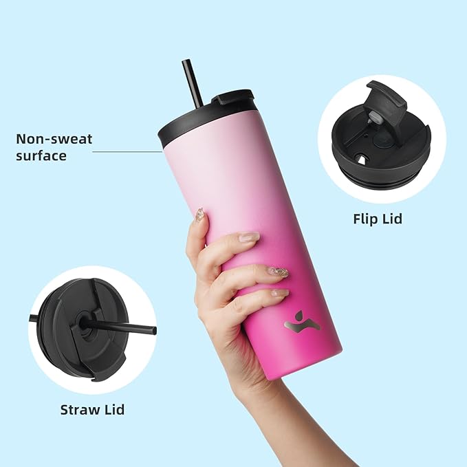 22 OZ Insulated Tumbler with Lid and 2 Straws Stainless Steel Water Bottle Vacuum Travel Mug Coffee Cup,Cherry