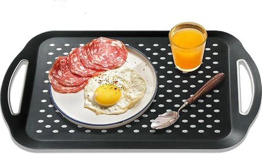 1PCS Large Non-Slip Serving Tray with Handles TV Lap Trays for Eating on Couch Food Serving Tray with Silicone Grippy Dots for Dinner Snack Fruit Dessert Breakfast (Black - 1pcs)