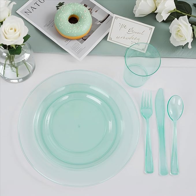 WDF 180 Pieces Green Plastic Silverware Disposable - Clear Green Cutlery Sets 60 Forks, 60 Knives and 60 Spoons - Heavy Duty Plastic Utensils for Party, Summer