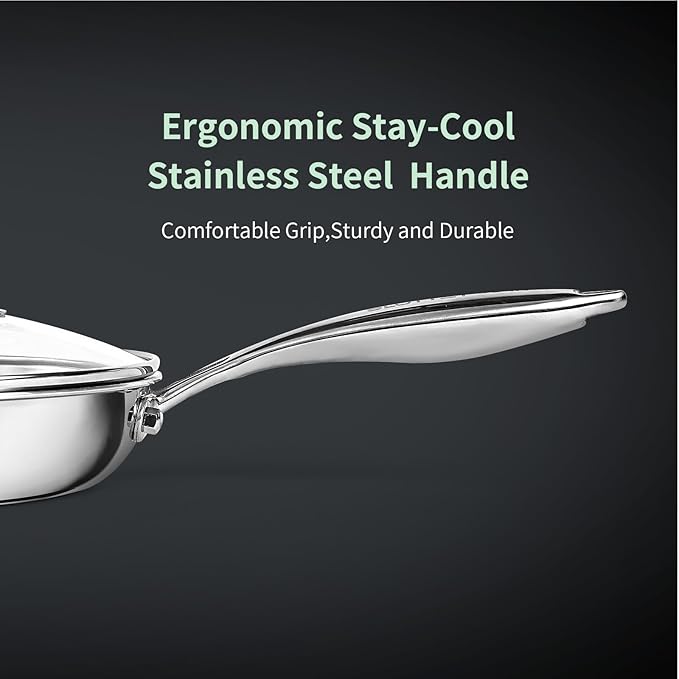 8 inch Tri-Ply Stainless Steel Frying Pan,No Coatings PFOA&PTFE Free Skillets,Chef's Pans,Dishwasher and Oven Safe Cookware, Compatible with All Cooktops