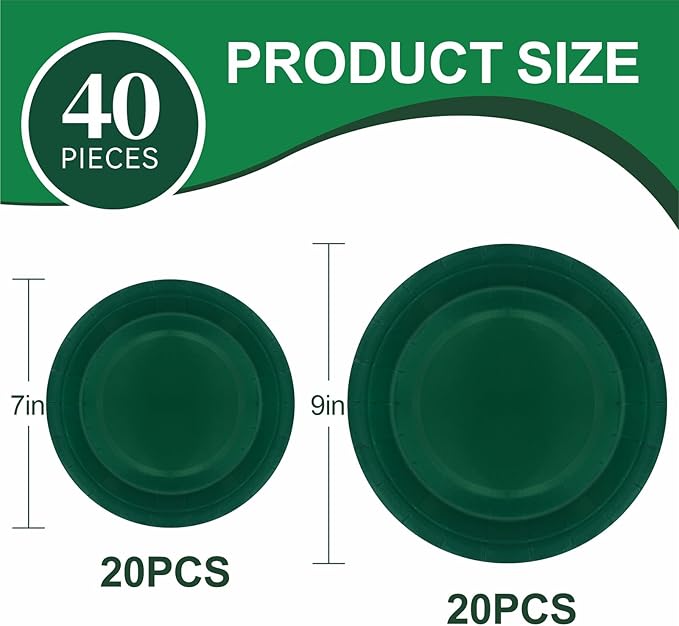 40Pcs Disposable Paper Plates Green,Including 20pcs 9" and 20pcs 7" Plates,Strong and Sturdy Disposable Plates for Party, Dinner, Holiday, Picnic,Birthday Party, Dinner Table, Wedding