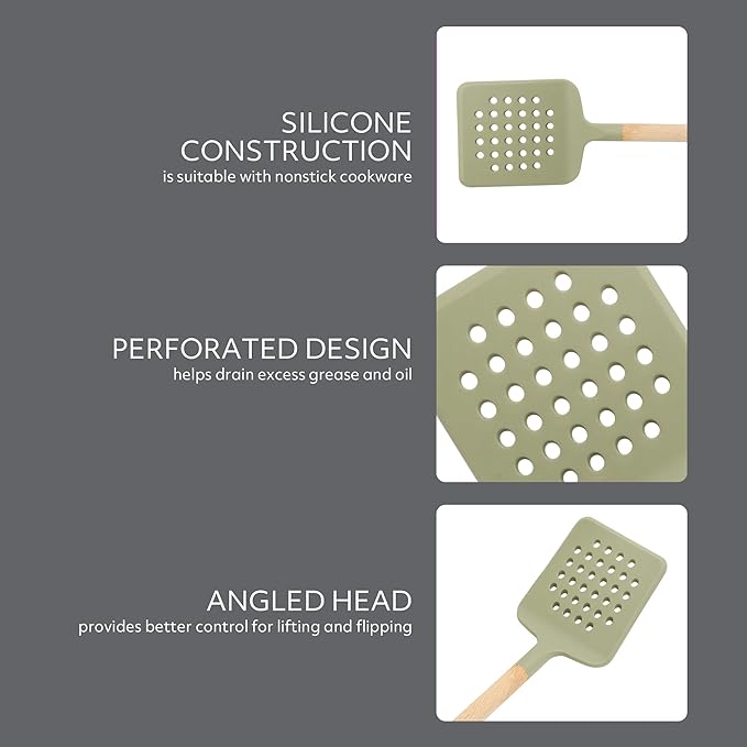 Sur La Table Kitchen Essential Chef's Toolkit Silicone Slotted Turner With Beechwood Handle - Juniper Green