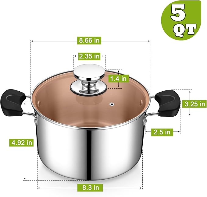 5 Quart 3-Ply Cooking Stock Pot with Lid, P&P CHEF Stainless Steel Large Pot for Pasta Soup, Work on Multi Stove, Heavy Duty & Dishwasher Safe, Dual Heat-resistant Handles & Brown Glass Lid