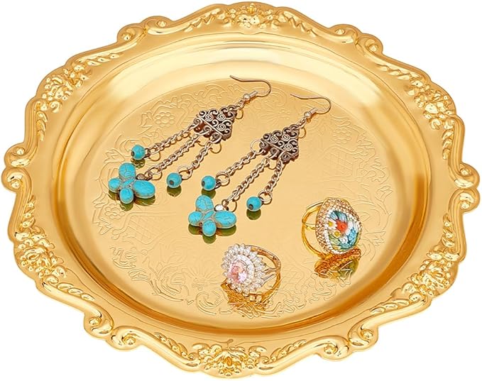 PH PandaHall 7.8" Gold Tray Jewellery Display Tray Decorative Serving Tray Vintage Style Candle Tray Dispenser for Wedding Party Home Kitchen Centerpiece Display Countertop Organization
