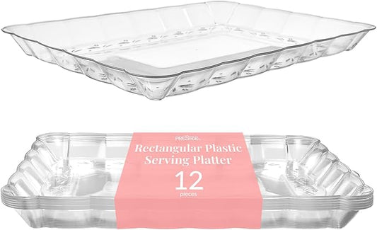 Prestee 12-Pack Serving Tray - 9x13 Inches Disposable Rectangular Plastic Food Tray for Parties and Events - Clear Platters for Dessert Table Displays, Appetizers, Snacks, and More