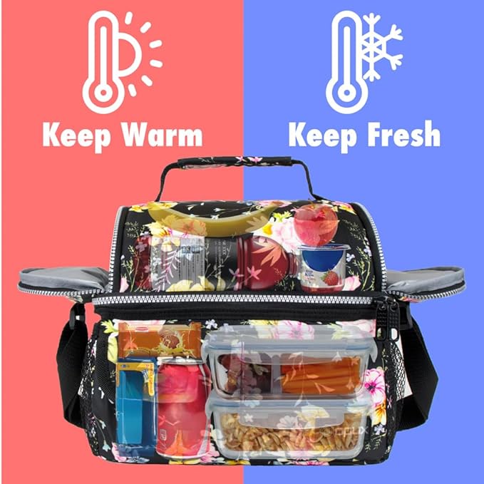 opux Lunch Bag Women Insulated, Adult Lunch Box Cooler, Flower Lunch Box, Dual Compartment Lunchbox for Work, Leakproof Double Decker Lunch Bag, Soft Lunch Pail Tote Girls Kids School, Floral Black