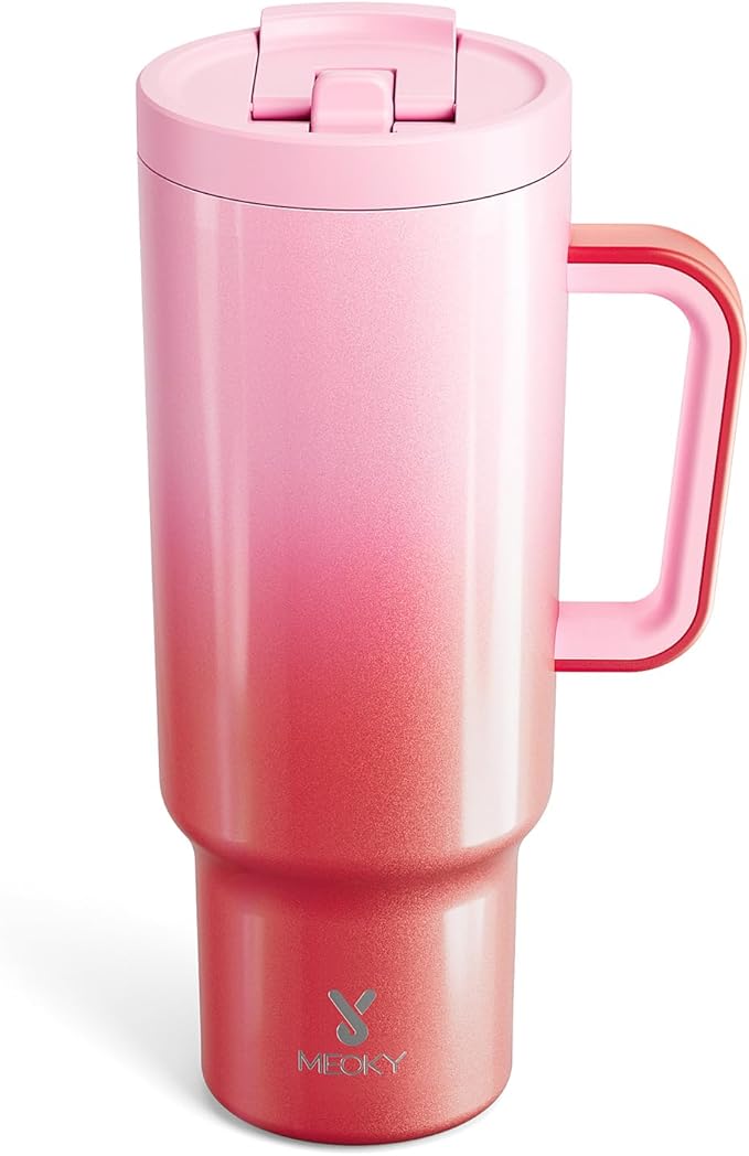 Meoky 40 oz Tumbler with Handle and Flip Straw, 100% Leakproof Tumbler with Lid and Straw, Stainless Steel Insulated Cup, Cupholder Friendly, Keeps Cold for 34 Hours (Flamingo)