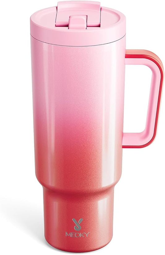 Meoky 40 oz Tumbler with Handle and Flip Straw, 100% Leakproof Tumbler with Lid and Straw, Stainless Steel Insulated Cup, Cupholder Friendly, Keeps Cold for 34 Hours (Flamingo)