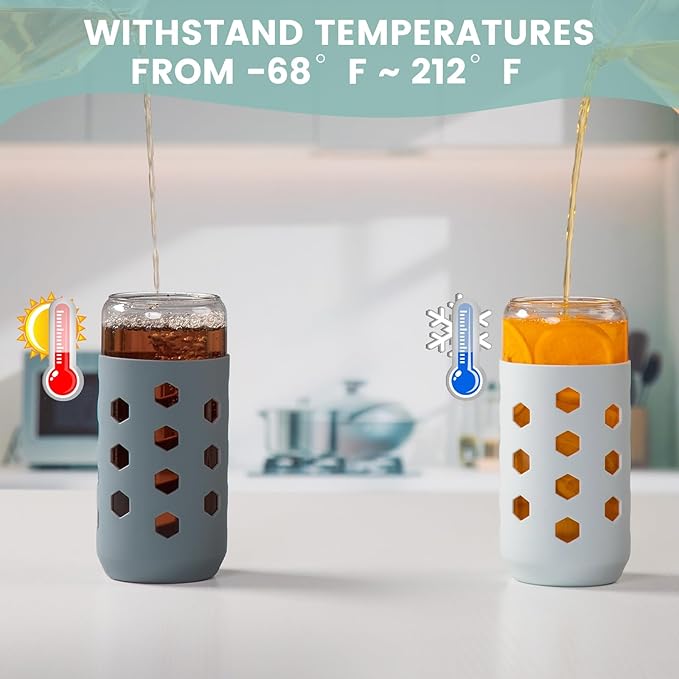 Glass Cups with Lids and Straws (4 Pcs), 20oz Drinking Glasses Set with Silicone Sleeves for Coffee Bar Accessories Iced Coffee Cups with Lids, Glass Tumbler Reusable for Gifts