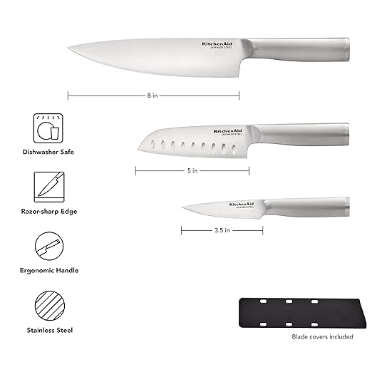 KitchenAid 3 Piece Forged Chef Knife Set High Carbon Japanese Steel, Includes 8 Inch Chef Knife, 5 Inch Santoku Knife, and 3.5 Inch Paring Knife with Blade Covers