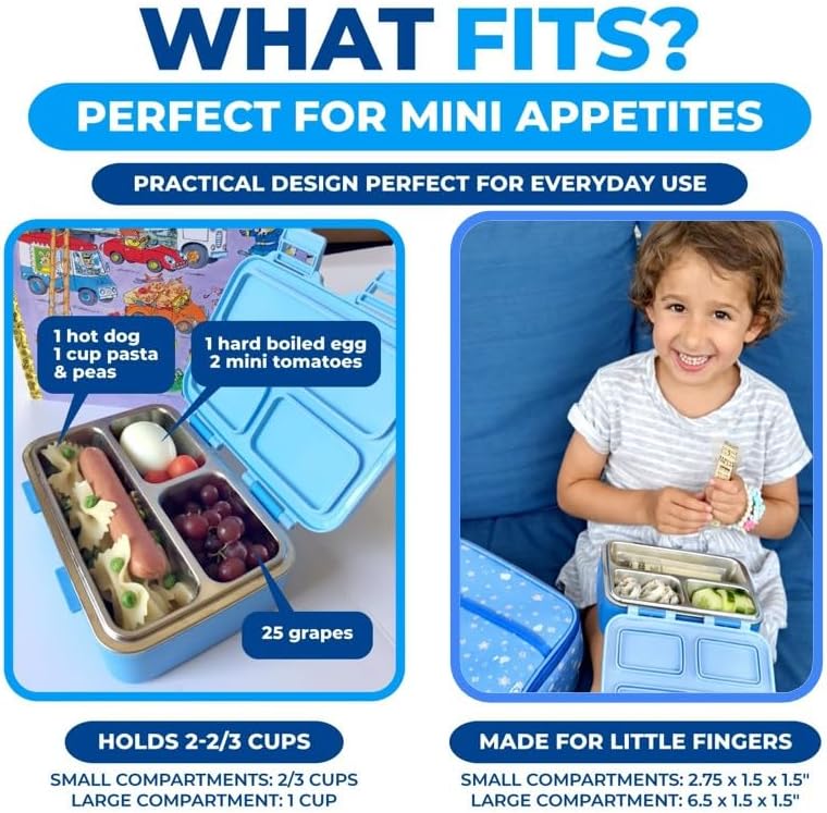 kinsho Small Stainless Steel Lunch Box for Baby Toddlers, Blue Cute Monster