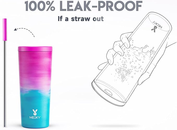 Meoky 24 oz Insulated Tumbler with Lid and Straw, Stainless Steel Vacuum Insulated Tumbler, Keeps Cold for 24 Hours, 100% Leak Proof, Fits in Car Cup Holder (Marshmallow)