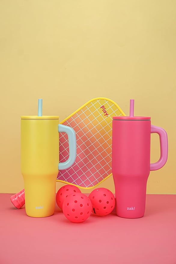 Zak Designs Sutton Travel Tumbler for On the Go, 40oz Stainless Steel with Vacuum Insulation, Silicone Straw, and Carry Handle for Cold Drinks (Razzberry Pink)