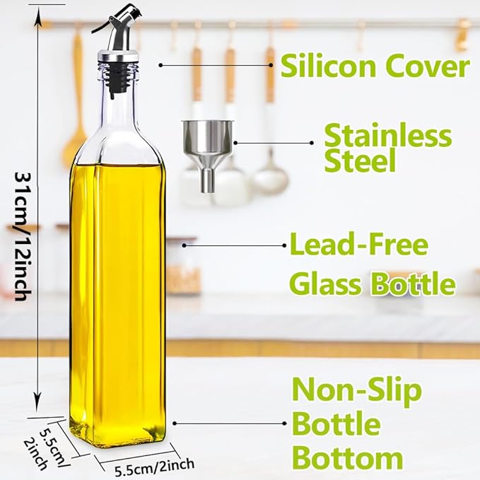Olive Oil Dispenser Bottles, 2Pack 17oz/500 ml Square Glass Tall Oil Bottles with 4 Labels, 2 Pourers and 1 Funnel