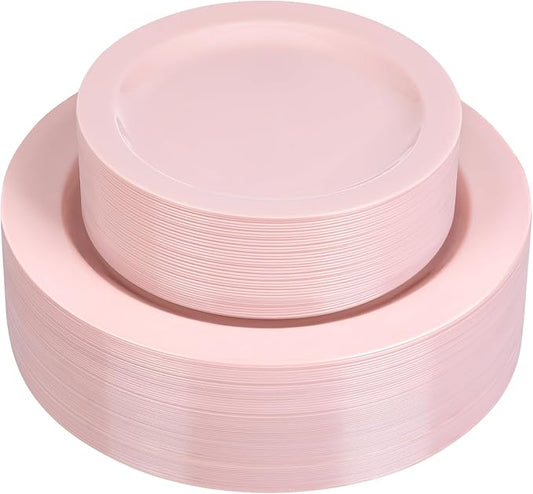 Moretoes 100PCS Pink Plastic Plates Disposable 10inch Dinner Plates and 7inch Dessert Salad Plates Heavy Duty Plates for Wedding Party and Birthday