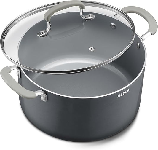 10 Quart Nonstick Stock Pot with Lid - BEZIA Ceramic Large Soup Pot, Big Pot with Silicone Handles, Easy Cleanup, Compatible with All Cooktops, Perfect for Roasts, Large Batches & Holiday Cooking
