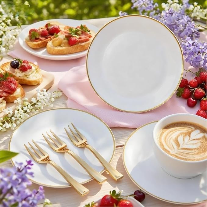 Festiva 200Pcs Gold Dessert Plates 6.3" with Forks 5"- Small Disposable Dessert/Cake/Appetizer Plates Plates- serve 100 guests include 100Plates 100Forks for Wedding &Birthday Party & Easter