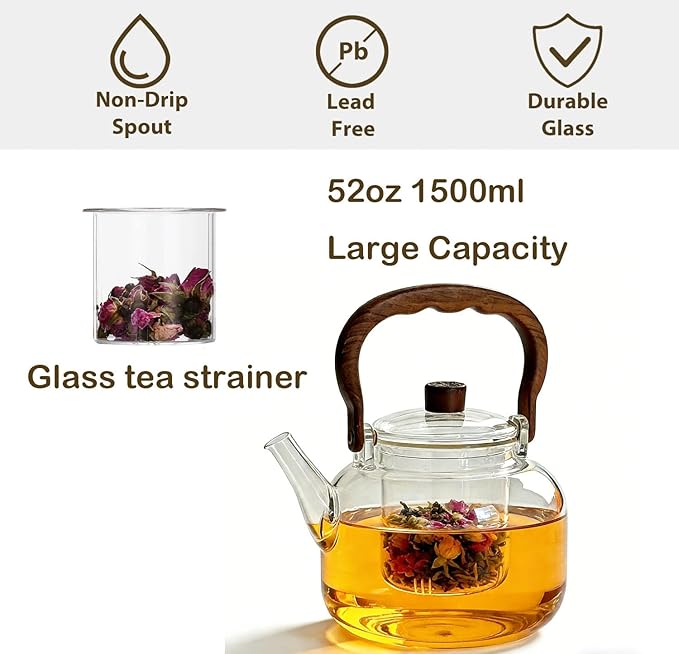Glass Teapot with Removable Loose Tea Infuser, 50oz Stovetop Safe Glass Tea Kettle for Loose Leaf Tea, 1500ml Borosilicate Clear Tea Pot for Blooming Tea, Heat Resistant