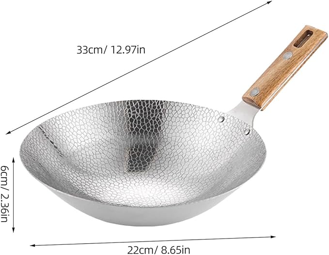Cabilock Stainless Steel Cooking Wok 12.99 Inch Traditional Frying Pan with Wooden Handle Hanging Hole for Home Kitchen Stir Fry and Saut