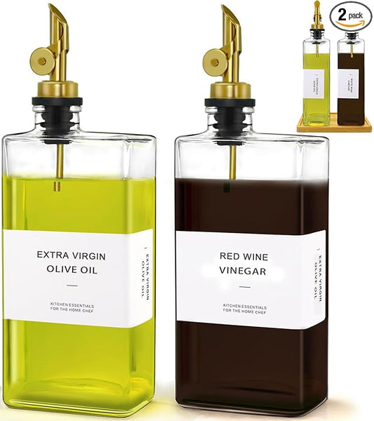 Olive Oil Dispenser Bottle for Kitchen with Bamboo Tray- Glass Oil & Vinegar Dispenser Set 16.9oz, Olive Oil Cruet, Elegant Kitchen Gift for Home Cooks(Clear, Set of 2)