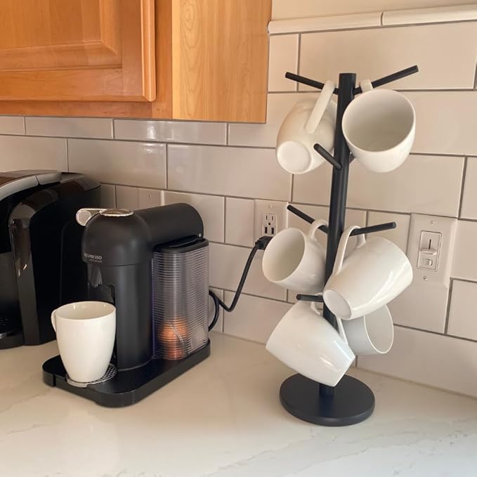 Evelots Countertop Coffee Mug Holder - Tea Cup Organizer Rack - Tree Hooks Hold 8 Large Mugs - Sturdy Wood with Black Finish - Coffee Bar Display Storage