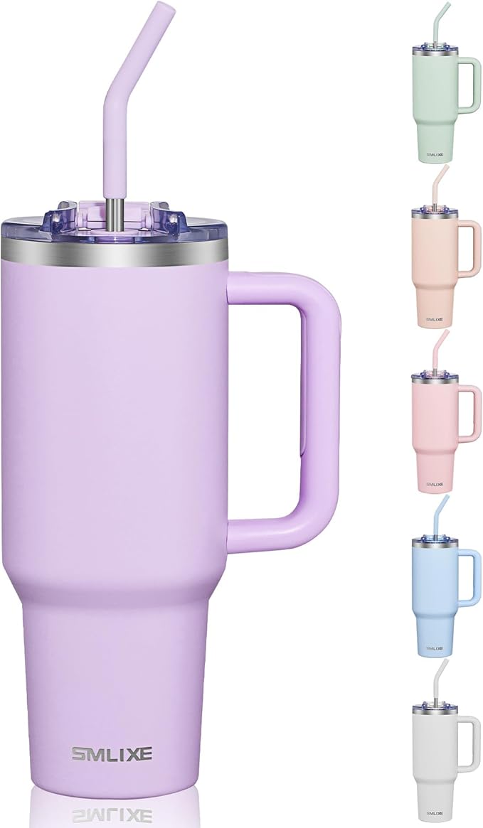 COKTIK 40 oz Tumbler With Handle and Straw, Insulated Tumbler With Leakproof Lids, Stainless Steel|BPA-Free, Cold for 24 H (Lavender)