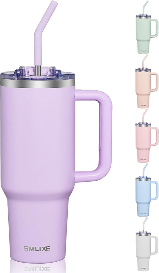 COKTIK 40 oz Tumbler With Handle and Straw, Insulated Tumbler With Leakproof Lids, Stainless Steel|BPA-Free, Cold for 24 H (Lavender)