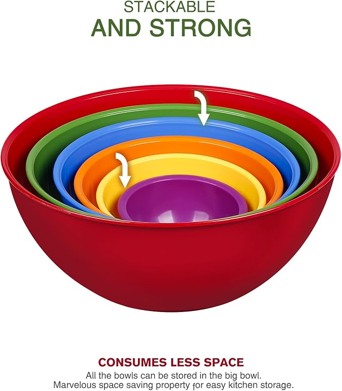 6-Piece Plastic Mixing Bowls Set with Airtight Lids, Nesting Bowls for Space Saving, TPR Sealed & PP5 Leak-Proof Lids, for Baking, Prepping & Serving, Dishwasher Safe (Red)
