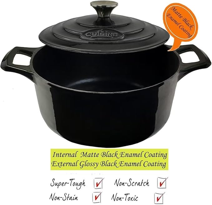La Cuisine Enameled Cast Iron Dutch Oven Casserole Dish Pot with Lid 5 QT 10 Inches Dia. Matt Black Enamel Coating Interior, Glossy Black Exterior, Oven-Safe, Induction Cooktop Compatible