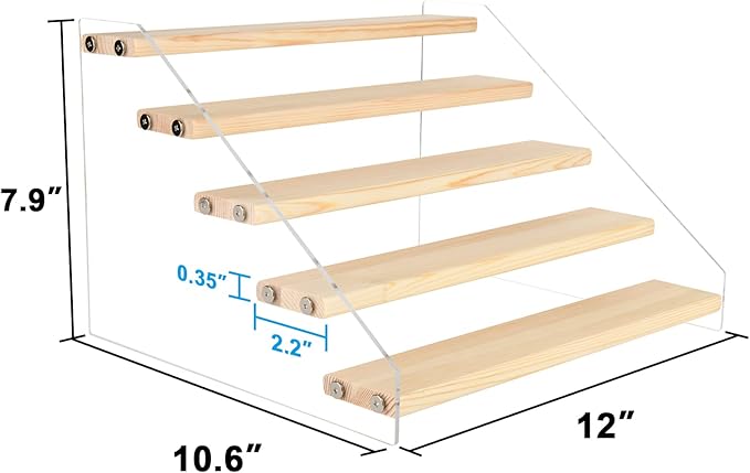 Homakover Tiered Spice Rack Acrylic Wood Board Spice Rack Organizer for Cabinet, Seasoning Organizer Spice Shelf, Space Saving Clear Stand Step Can Organizer for Kitchen Countertop Storage, 5 Tier