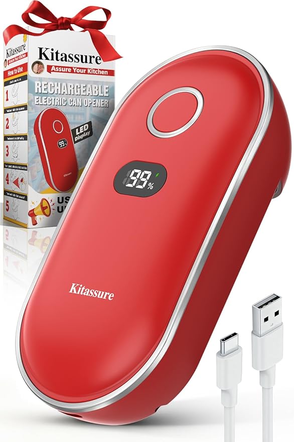 Handsfree One-Touch Rechargeable Electric Can Opener Easy Flex Side Cut All Can Sizes with LED Display and Smooth Edge Safety for Arthritis & Seniors, Auto Kitchen Gadget (Red)