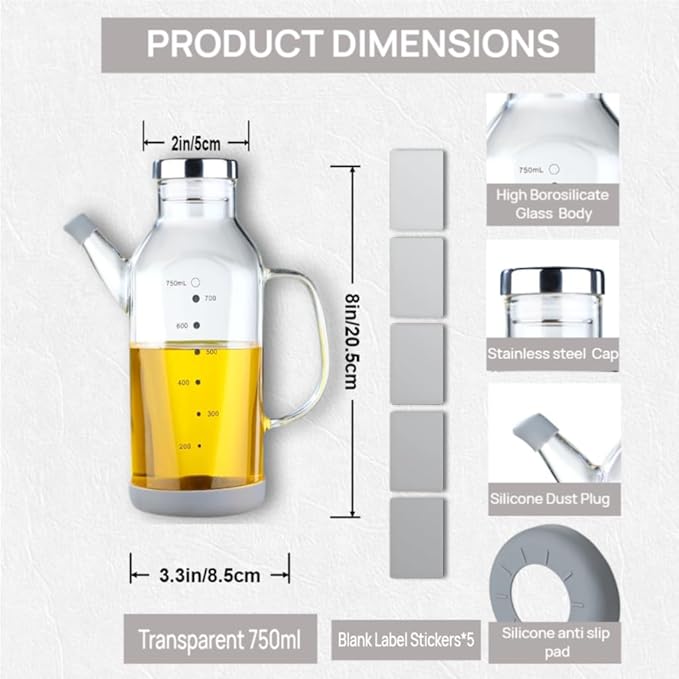 High Borosilicate Glass Oil Bottle-Olive Oil Dispenser for Kitchen-Soy Sauce and Vinegar Dispenser Bottle- Cooking Container Cruet-Oil Dispensing Bottles(Transparent, Large/750ml)
