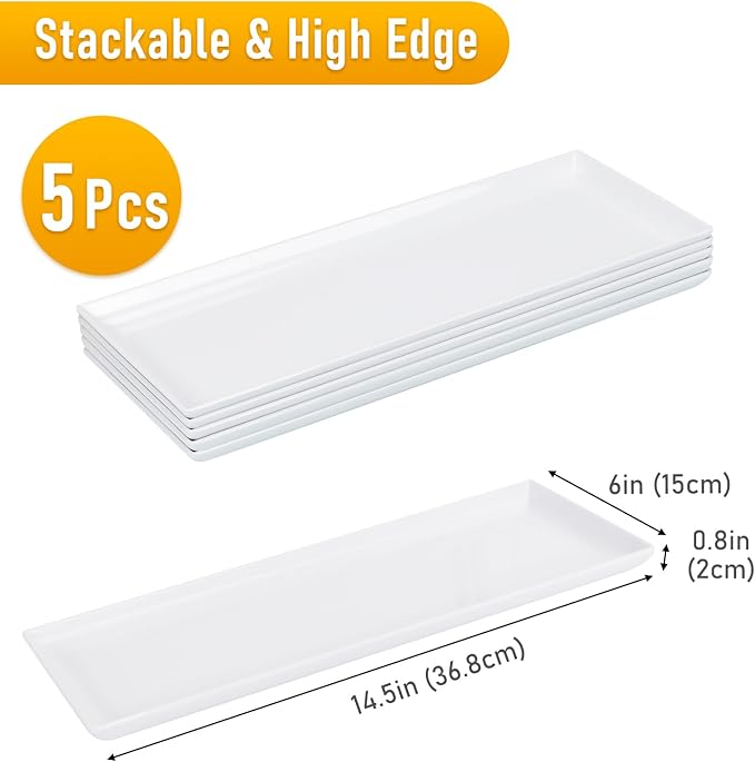 Moretoes 5pcs Melamine White Serving Trays for Party, Reusable Serving Dishes,14.5 x 6,Unbreakable Rectangle Plates, for Cookie, Appetizer, Charcuterie, Snack, Dessert, Food Display