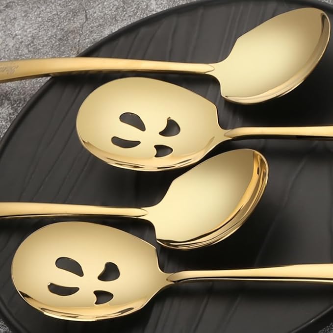 Serving Spoons Set 9.14 Inch Slotted Spoon Serving Spoon Stainless Steel Serving Utensils for Buffet Parties Catering Dishwasher Safe(Set of 8, Gold)