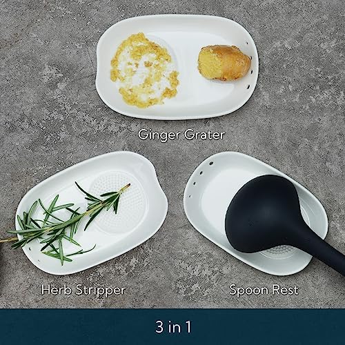KITCHENDAO 3 in 1 Porcelain Ginger Grater Tool Spoon Rest Herb Stripper, 6.5 x 4.3 inches for Kitchen, Japanese Ceramic Garlic Grinding Wasabi Grater Plate Dish for Daikon Radish & Parmesan Cheese