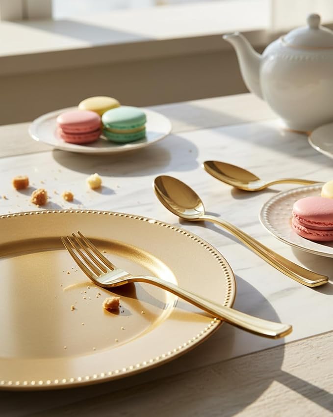 BUCLA 200-Piece Gold Plastic Silverware - Heavy Duty Disposable Cutlery Set - 100 Gold Plastic Forks & 100 Spoons for Catering, Party, Dinner, Wedding