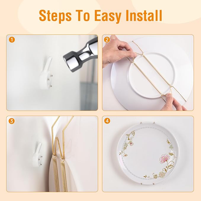 Bilillo 12 Pieces Plate Wall Hangers for Display - Invisible Plates Hanger, Stainless Steel Plate Holders with 12 Pieces Wall Hooks for 4.5-5.5 Inch Decorative Plates and Arts