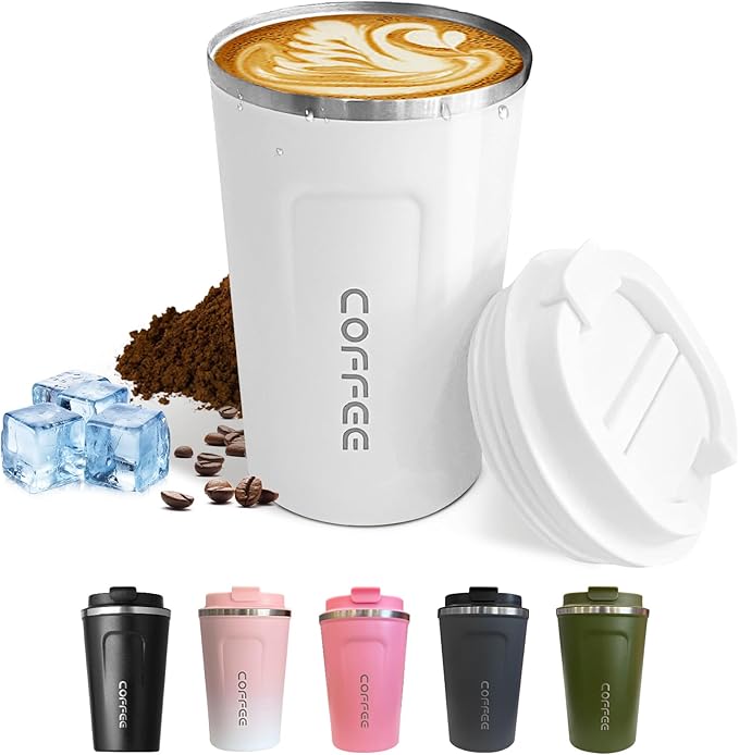 Travel coffee mugs leak-proof, reusable coffee cups with lids, stainless steel vacuum insulated coffee tumblers, thermal insulation cups for men & women keep drinks hot & cold(2nd-White, 12OZ)
