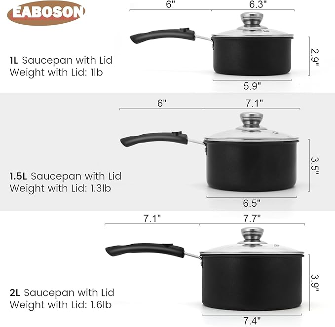 Nonstick Saucepan with Lid, 1QT & 1.5QT & 2QT Small Milk Pots Set with Healthy Teflon Coating, Multipurpose Induction Compatible Cooking Pans Kitchen Cookware Set