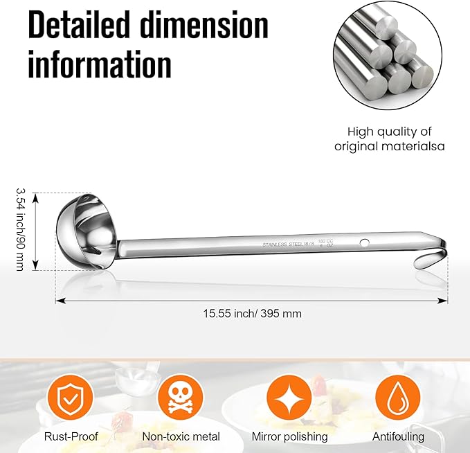 Cunhill 5 Pcs Soup Ladles Stainless Steel Serving Ladles with Long Handle for Serving, Cooking, Stirring, Portioning Kitchen Restaurant Accessories(6 oz)