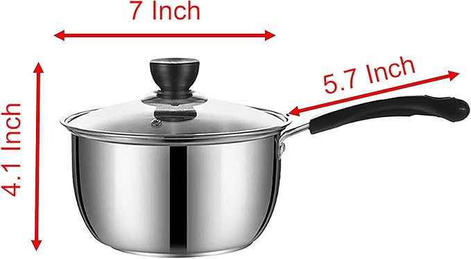 Stainless Steel Thin Saucepan, 1.3 Quart Long Handle Milk Pot with Lid for Warming, Cooking and Boiling Milk, Spaghetti, Soup in Kitchen and Outdoor (18cm)