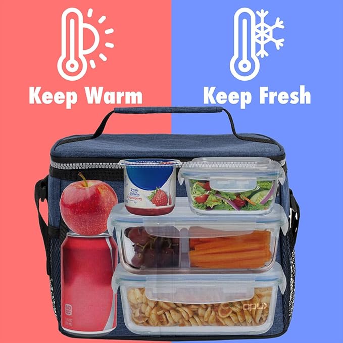 opux Insulated Lunch Bag for Men Women, Leakproof Heather Navy Lunch Box for Work, Portable Soft Lunch Cooler Bag with Shoulder Strap, Adult Lunchbox Lunch Pail for Kid Boy Girl School, 14 Can/8L