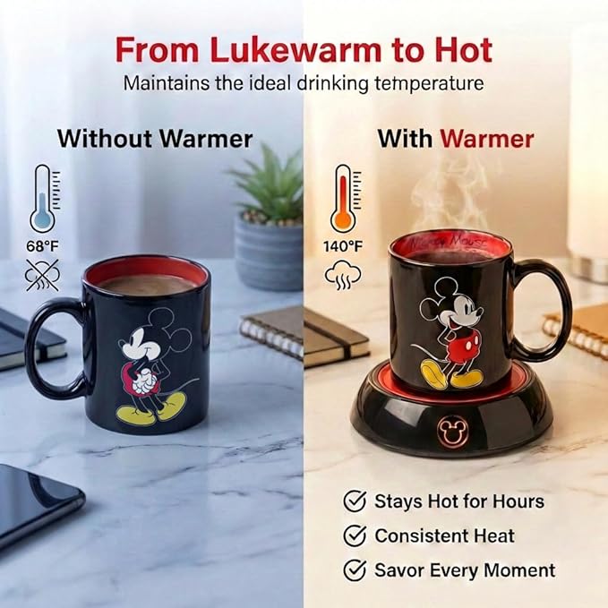 Disney Mickey Mouse Mug Warmer with 12 oz Mug by Select Brands - Coffee Cup Warmer with Ceramic Mug Included - Electric Warmer Plate for Home & Office - Disney Kitchen Accessories - Mickey Mouse