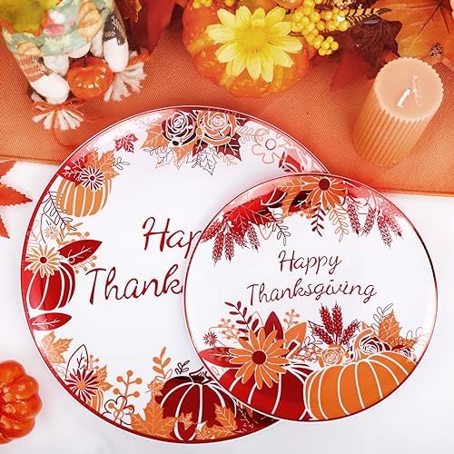 Rubtlamp 60PCS Thanksgiving Plastic Plates, White Orange Pumpkin Plates, Red Disposable Plates with Maple Leaves, Fall Disposable Plates Include 30 Dinner Plates, 30 Salad Plates For Thanksgiving