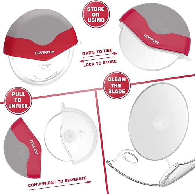 Pizza Cutter Wheel, Easy to Clean Detachable Slicer, Pizza Slicer Cutter, Premium Spuer Sharp Stainless Steel, with Protective Blade Guard, Large Size, Red