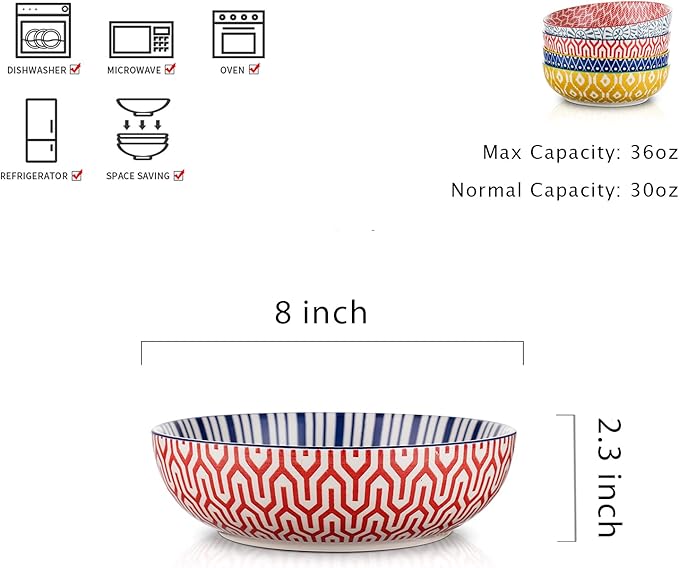 Selamica Ceramic 30 Ounce Large Pasta Bowls Set of 4, 8 inch Salad Bowl Wide and Shallow Microwave Dishwasher Safe, Assorted Corlors